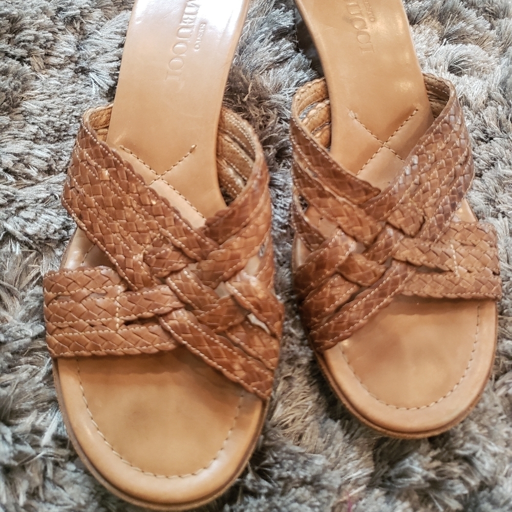 Sesto Meucci Women’s 7.5 Shoes Slides Sandals Tan Woven Leather Made In Italy